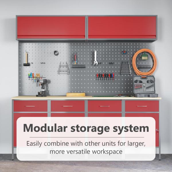 10-teiliges Werkstattregal- und Pinnwand-Set in Rot aus MDF und Metall