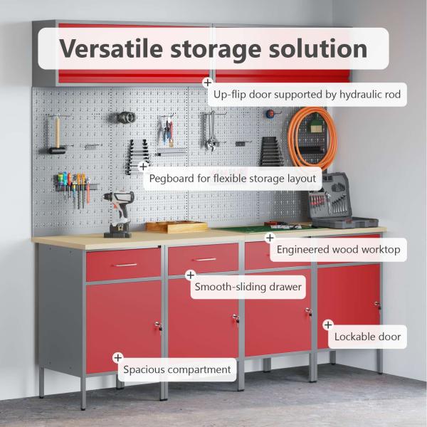 10-teiliges Werkstattregal- und Pinnwand-Set in Rot aus MDF und Metall