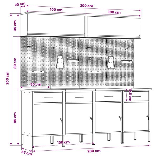 10-teiliges Werkstattregal- und Pinnwand-Set in Rot aus MDF und Metall