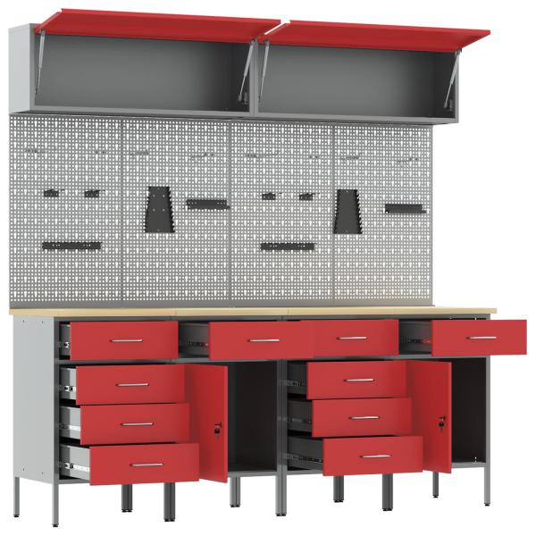 10-teiliges Werkstattregal- und Pinnwand-Set in Rot aus MDF und Metall