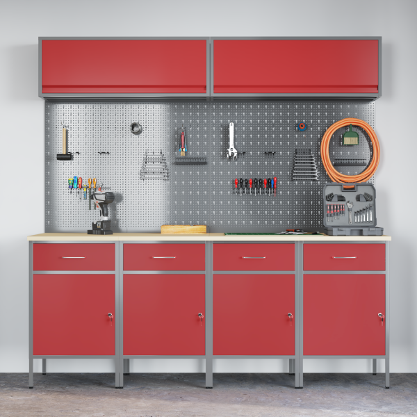 10-teiliges Werkstattregal- und Pinnwand-Set in Rot aus MDF und Metall
