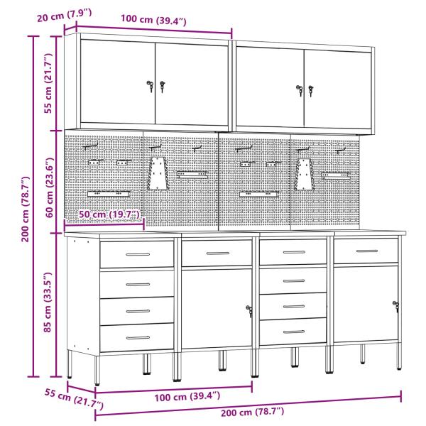 10-teiliges Werkstattschrank- und Pegboard-Set in Rot aus MDF und Metall