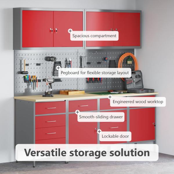 10-teiliges Werkstattschrank- und Pegboard-Set in Rot aus MDF und Metall