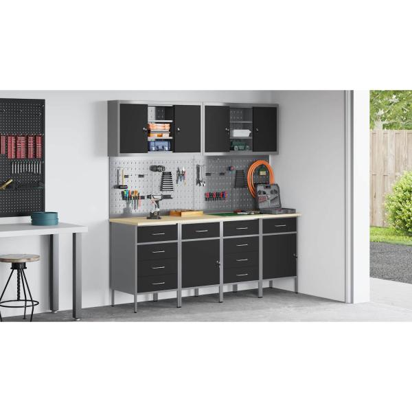 10-teiliges Werkbank- und Pegboard-Set Schwarz MDF und Metall