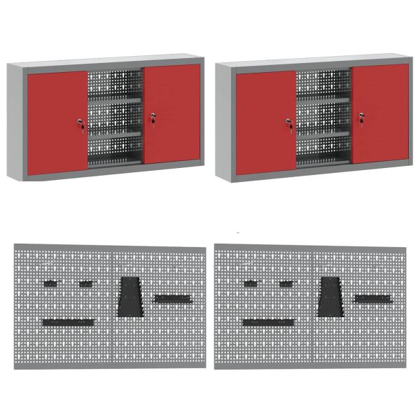 ARDEBO.de - 10-teiliges Set mit Arbeitsregal und Pegboard in Rot aus MDF und Metall