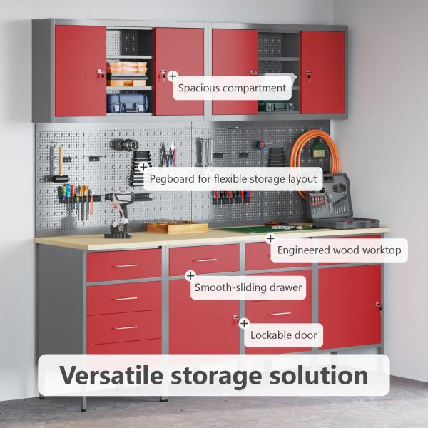 10-teiliges Set mit Arbeitsregal und Pegboard in Rot aus MDF und Metall
