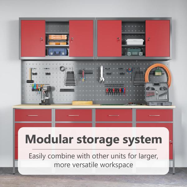 10-teiliges Set mit Arbeitsregal und Pegboard in Rot aus MDF und Metall