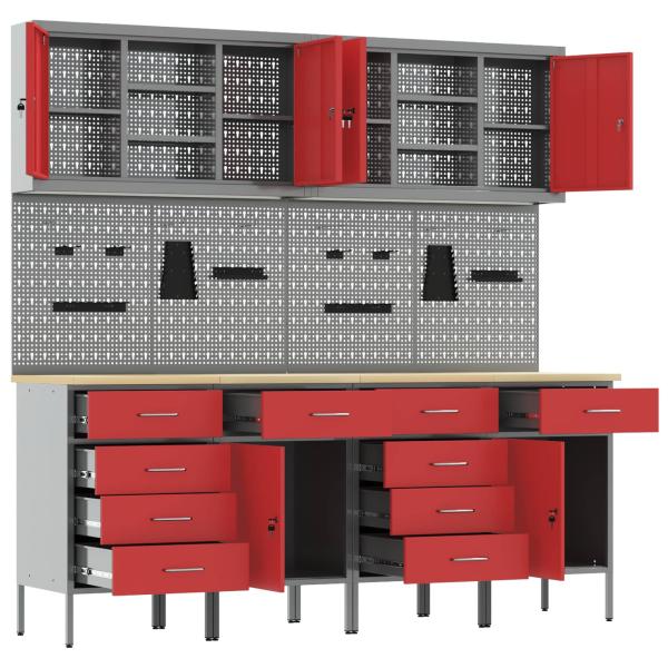 10-teiliges Set mit Arbeitsregal und Pegboard in Rot aus MDF und Metall