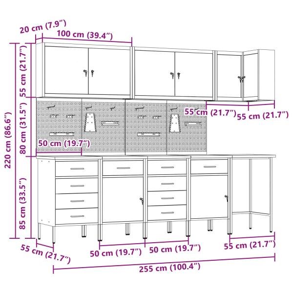 12-teiliges Werkstattschrank- und Pegboard-Set Schwarz MDF und Metall