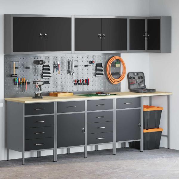 12-teiliges Werkstattschrank- und Pegboard-Set Schwarz MDF und Metall
