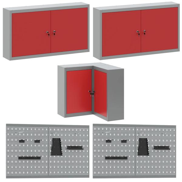 ARDEBO.de - 12-teiliges Arbeitskabinen- und Pegboard-Set in Rot, aus MDF und Metall