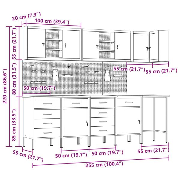 12-teiliges Werkstatt-Schrank- und Lochplatten-Set Schwarz MDF und Metall