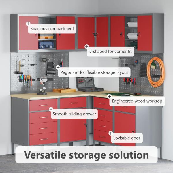 12-teiliges Werkstattschrank- und Pegboard-Set in Rot aus MDF und Metall