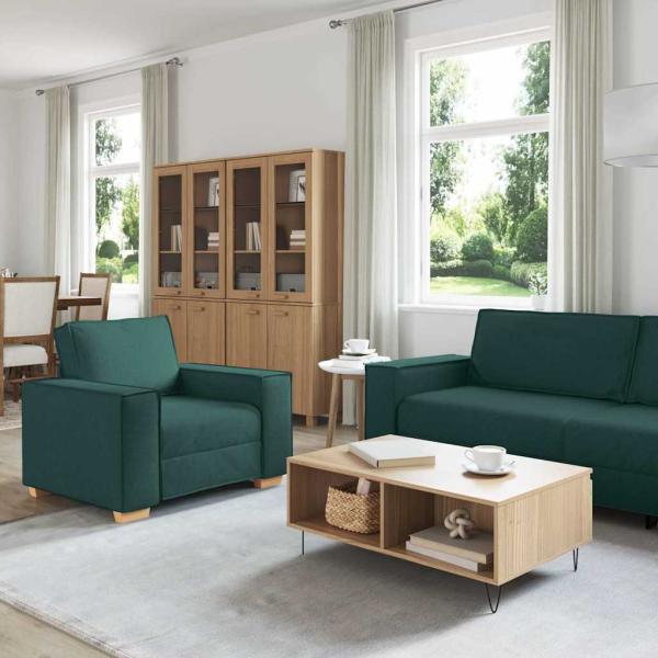 3-teiliges Sofa-Set mit Kissen in Dunkelgrünem Stoff
