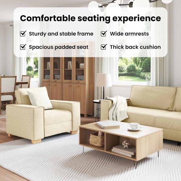 3-teiliges Sofaset mit Kissen, cremefarbenes Gewebe