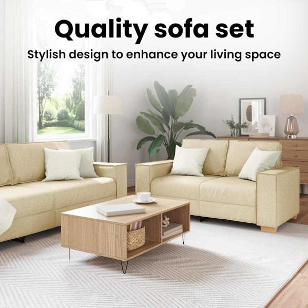 3-teiliges Sofaset mit Kissen, cremefarbenes Gewebe