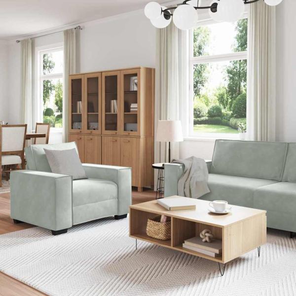 3-teiliges Sofaset mit Kissen in hellgrauem Samt