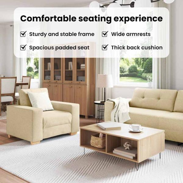 3-teiliges Sofaset mit Kissen, cremefarbene Stoff