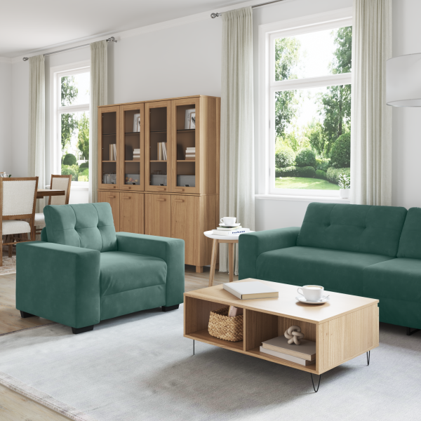 3-teiliges Sofaset mit Kissen in dunkelgrünem Samt