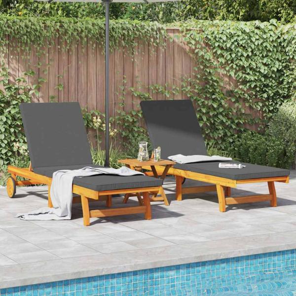 Sonnenliegen 2er Set mit Rädern und Kissen aus Akazienholz