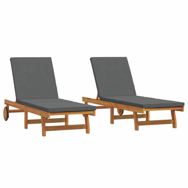 Sonnenliegen 2er Set mit Rädern und Kissen aus Akazienholz