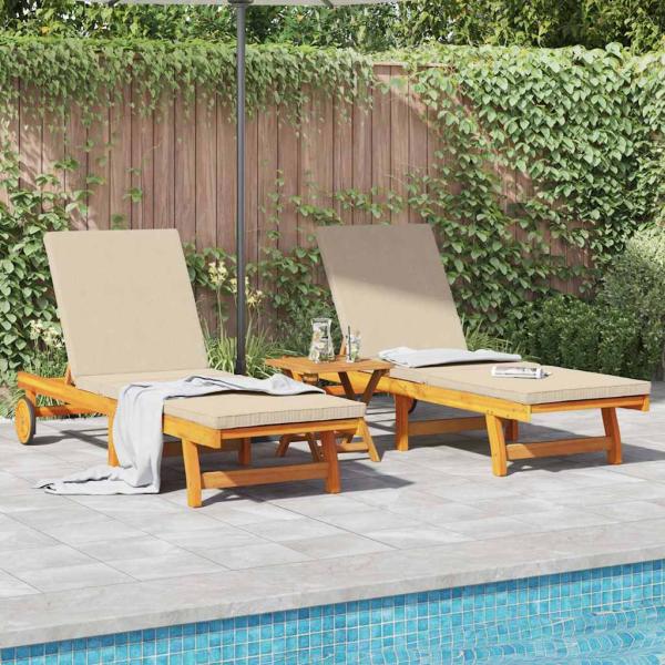 Sonnenliegen 2er Set mit Rädern und Kissen aus massivem Akazienholz