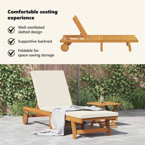 Rollbare Sonnenliege mit Tisch und Kissen aus massivem Akazienholz