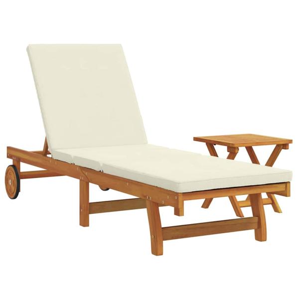 Rollbare Sonnenliege mit Tisch und Kissen aus massivem Akazienholz