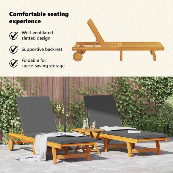Rollenliegestühle 2er Set mit Tisch und Kissen aus massivem Akazienholz