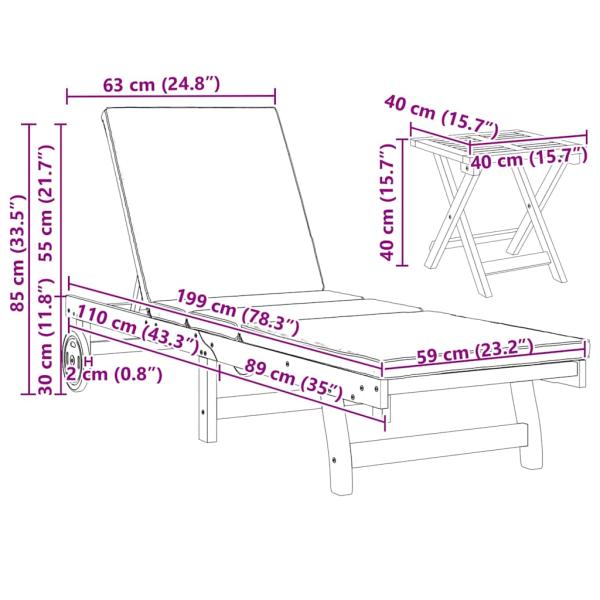 Rollenliegestühle 2er Set mit Tisch und Kissen aus massivem Akazienholz
