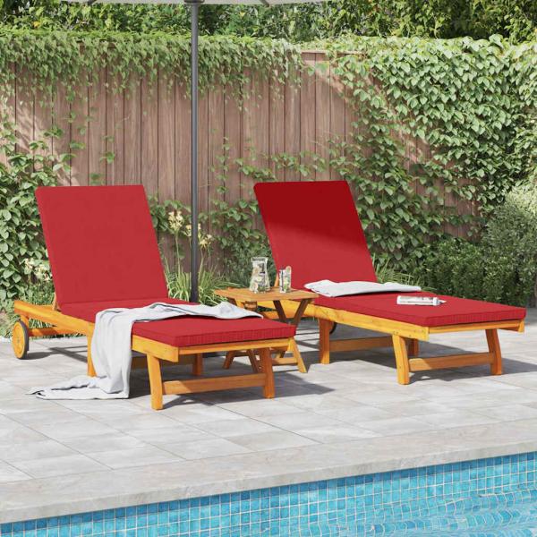 Rollbare Sonnenliegen 2er Set mit Tisch & Kissen aus Akazienholz