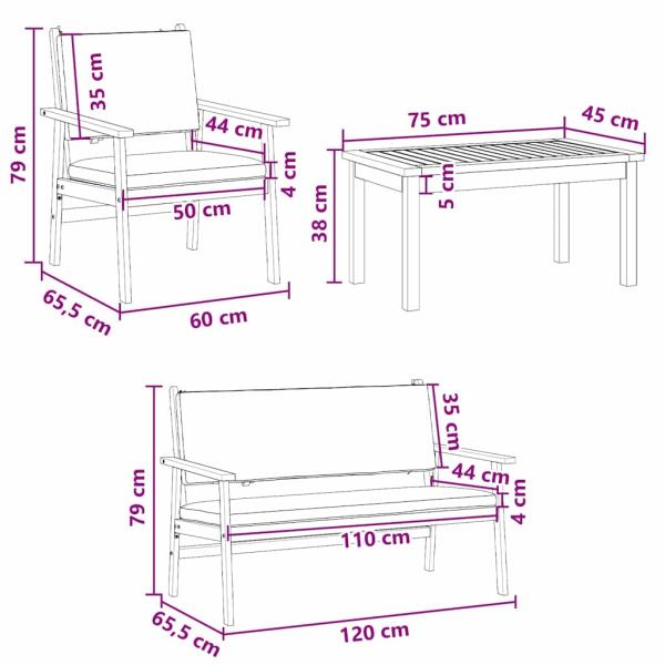 4-teiliges Garten-Sofa-Set mit Kissen aus massivem Akazienholz
