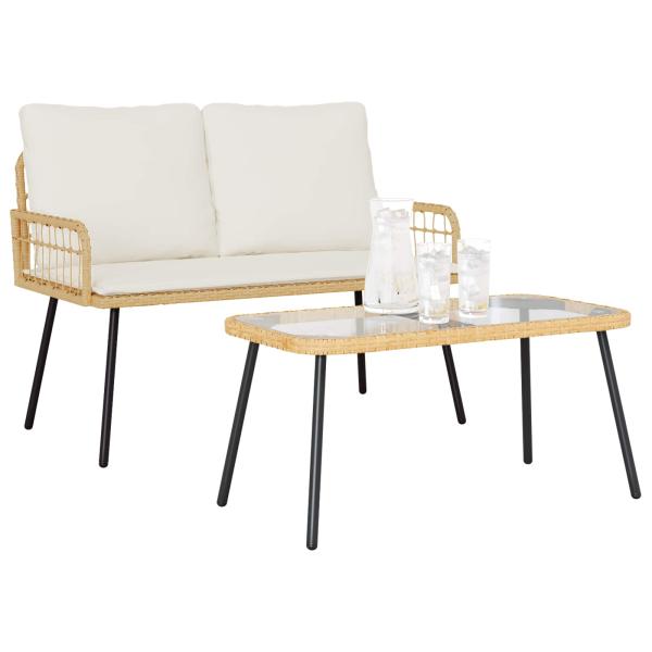 2-teiliges Garten-Esszimmer Set mit Kissen aus natürlichem Poly-Rattan