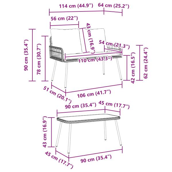 2-teiliges Garten-Esszimmer Set mit Kissen aus natürlichem Poly-Rattan
