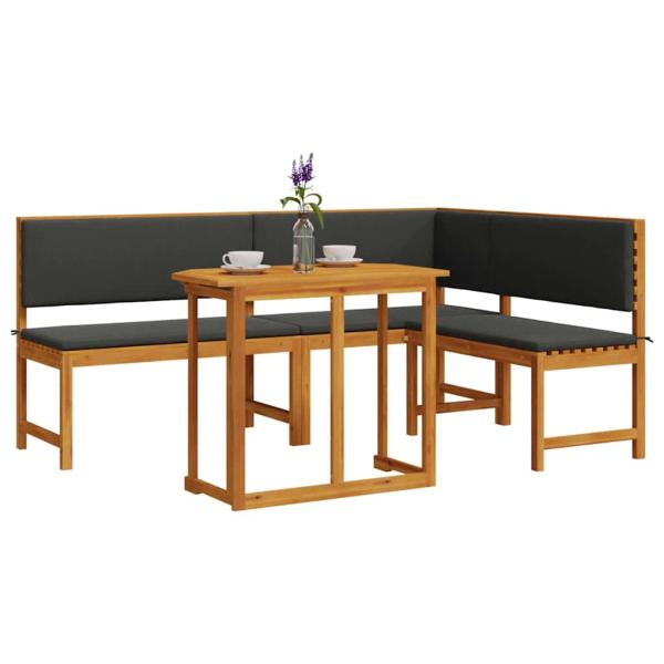 3-teiliges Garten Bistro Set mit Kissen aus massivem Akazienholz