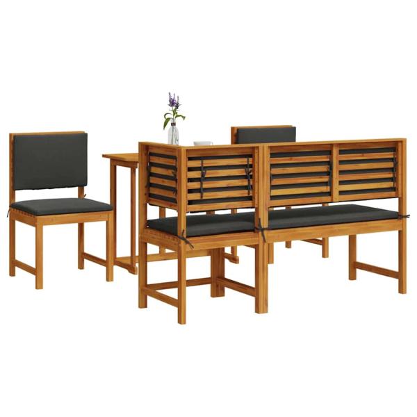 5-teiliges Garten-Esszimmer-Set mit Kissen aus massivem Akazienholz