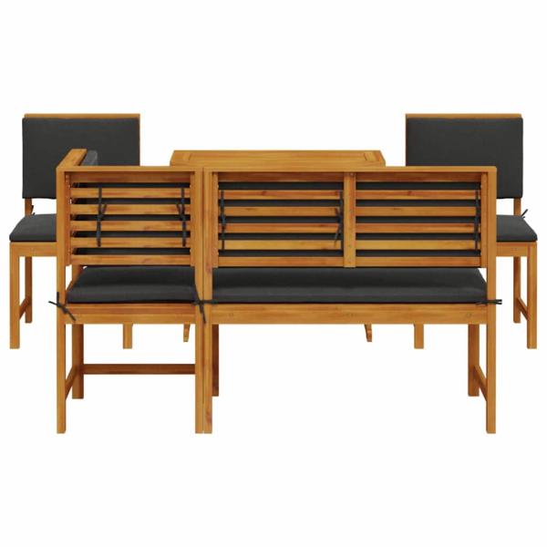 5-teiliges Garten-Esszimmer-Set mit Kissen aus massivem Akazienholz