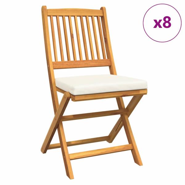 Klappgartenstühle mit weißen Kissen 8 Stück aus massivem Akazienholz