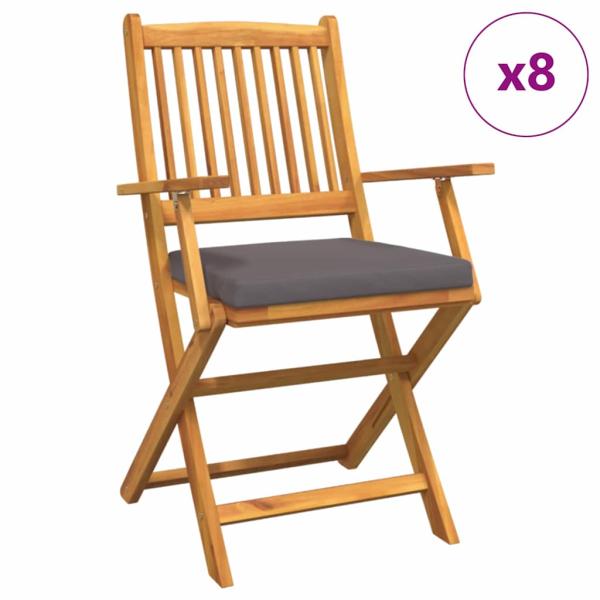 Klappgartenstühle mit grauem Kissen 8 Stück aus massivem Akazienholz