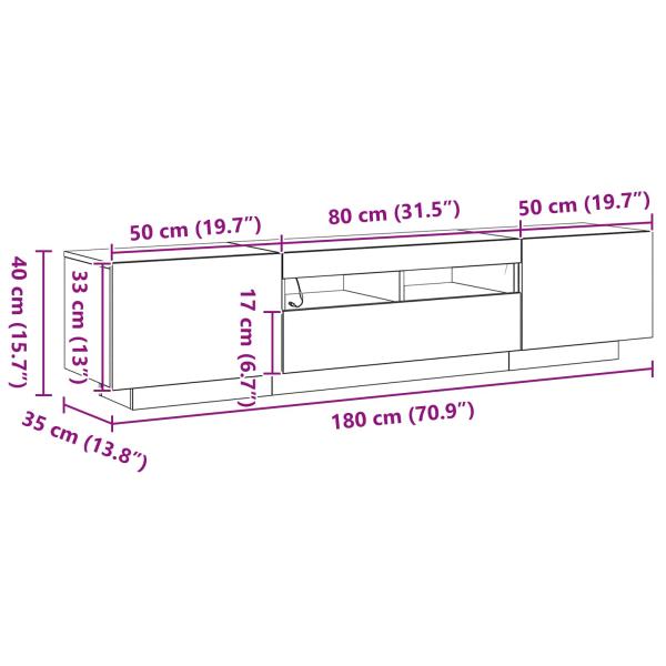 TV-Schrank mit LED-Lichtern, Schwarz, Eiche, 180x35x40 cm, Holzwerkstoff