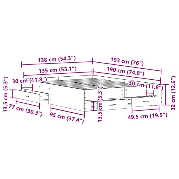 Bettgestell mit Schubladen Schwarz Eiche 135x190 cm Ingenieurholz