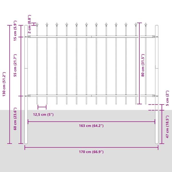 Gartenzaun mit Spitzen Grau 5,1x0,8 m Stahl
