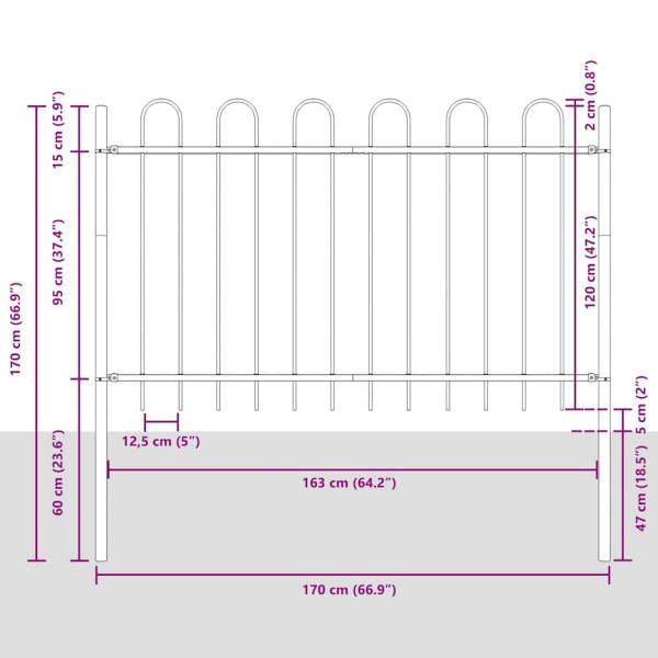 Gartenzaun mit Bogenoberteil Grau 6,8 x 1,2 m aus Stahl