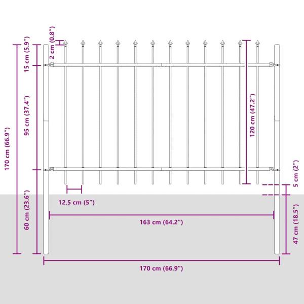 Gartenzaun mit spitzem Oberteil in Grau, 11,9 x 1,2 m aus Stahl