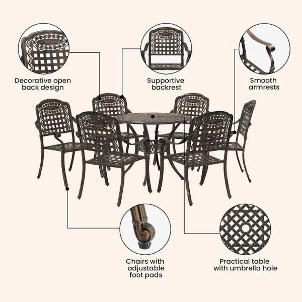 7-teiliges Garten-Esszimmer-Set aus Bronze und Gusseisen