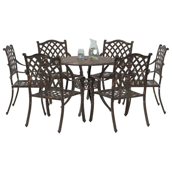 7-teiliges Garten-Esszimmer-Set aus bronzefarbenem Gusseisen