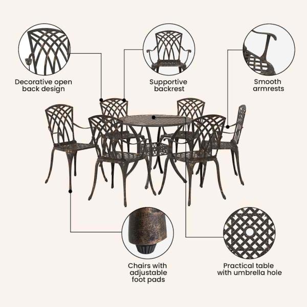 7-teiliges Garten-Esszimmer-Set aus Bronze-Guss-Aluminium