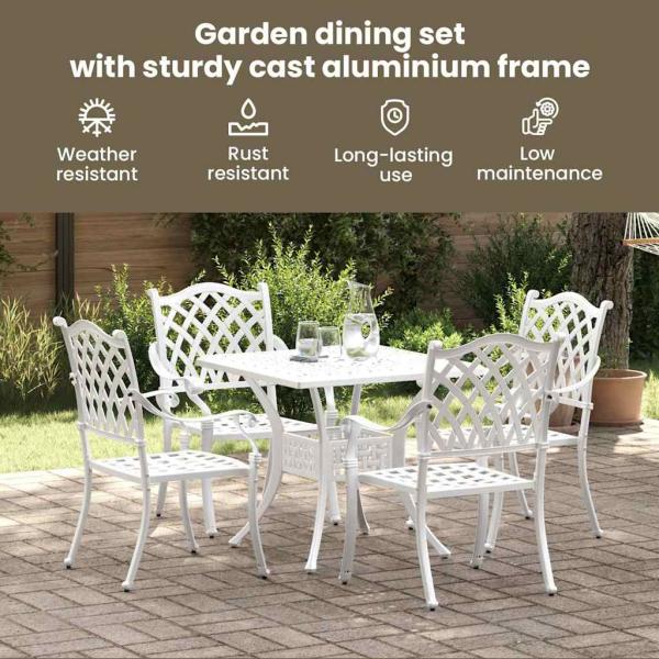 5-teiliges Garten-Esszimmer-Set aus weißem Guss-Aluminium