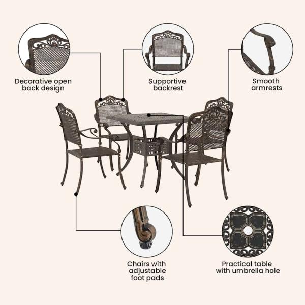 5-teiliges Garten-Esszimmer-Set aus bronzefarbenem Gusseisen