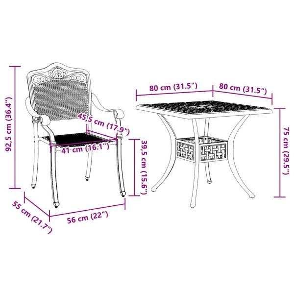5-teiliges Garten-Esszimmer-Set aus bronzefarbenem Gusseisen